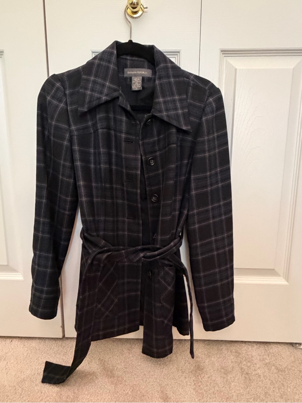 Banana Republic Black Plaid Belted Trench Coat